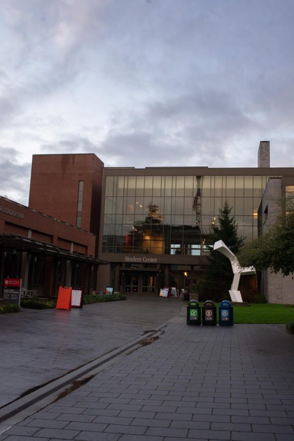 The student center on a cloudy morning.