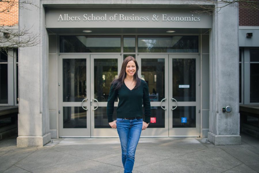 Professor Lynn Hofstad outside Pigott 