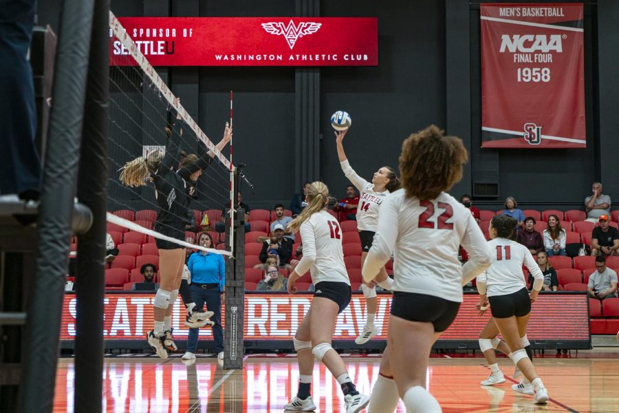 Freshman Merima Smajlovic lofts the ball over the net while playing Sam Houston State 