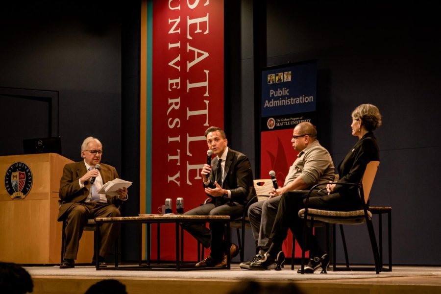 The Conversations series at Seattle University featuring Dr. Vin Gupta, Seattle Police Chief Adrian Diaz and Seattle City Council member Sara Nelson as they discuss anxiety and current issues. 