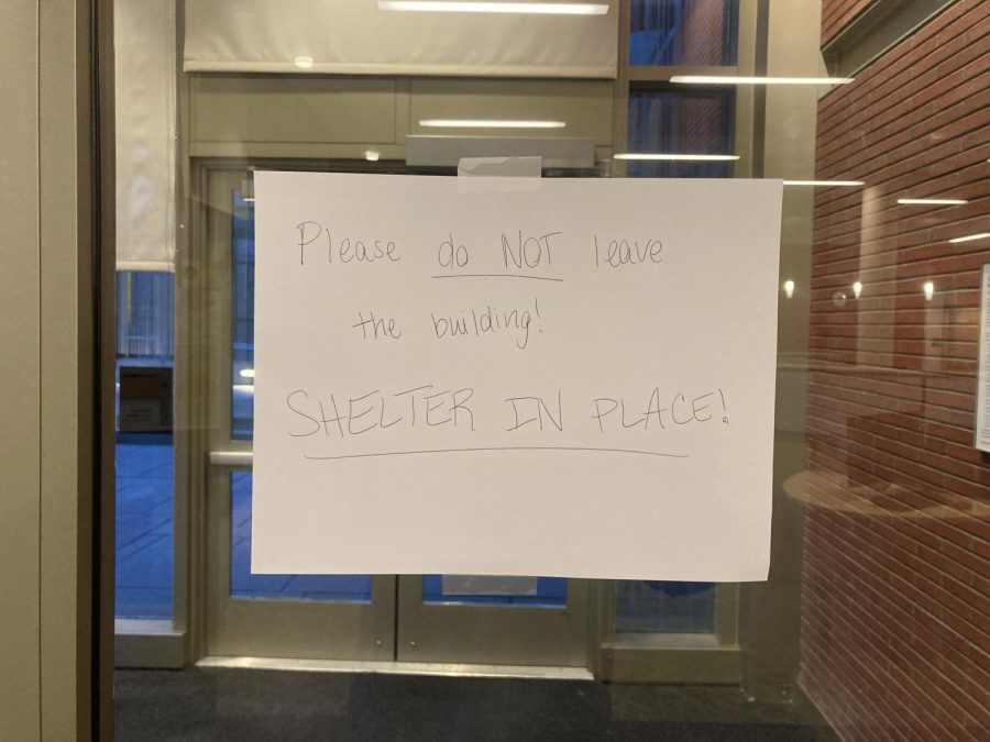 Shelter in Place sign posted in Seattle University’s Lemieux Library.