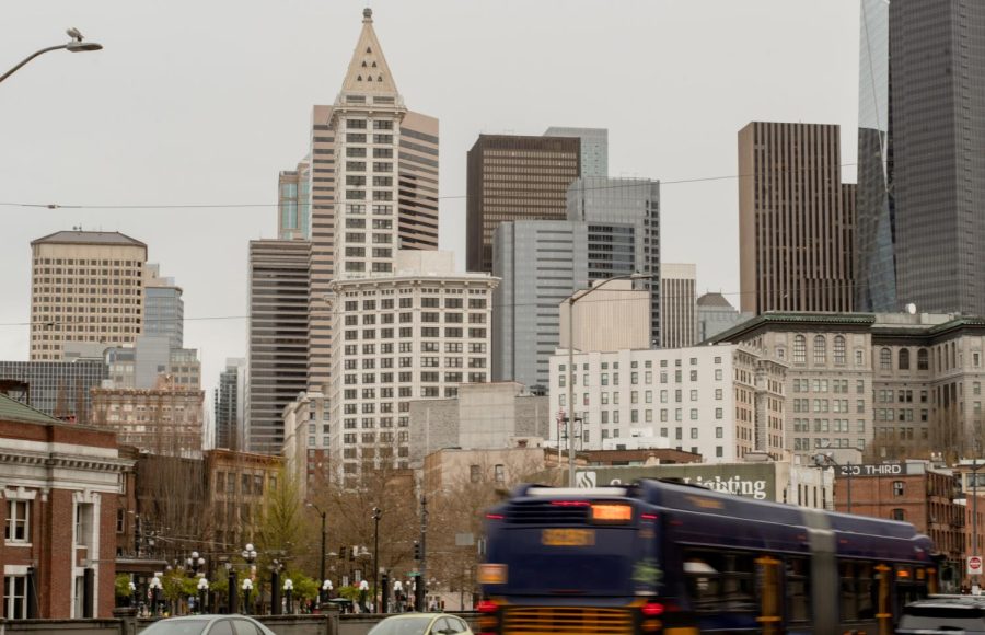 View of Pioneer Square and Downtown Seattle. 