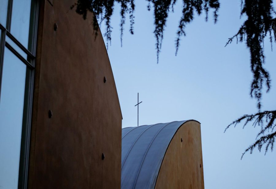 Seattle University's Chapel of St. Ignatius pictured at dusk.