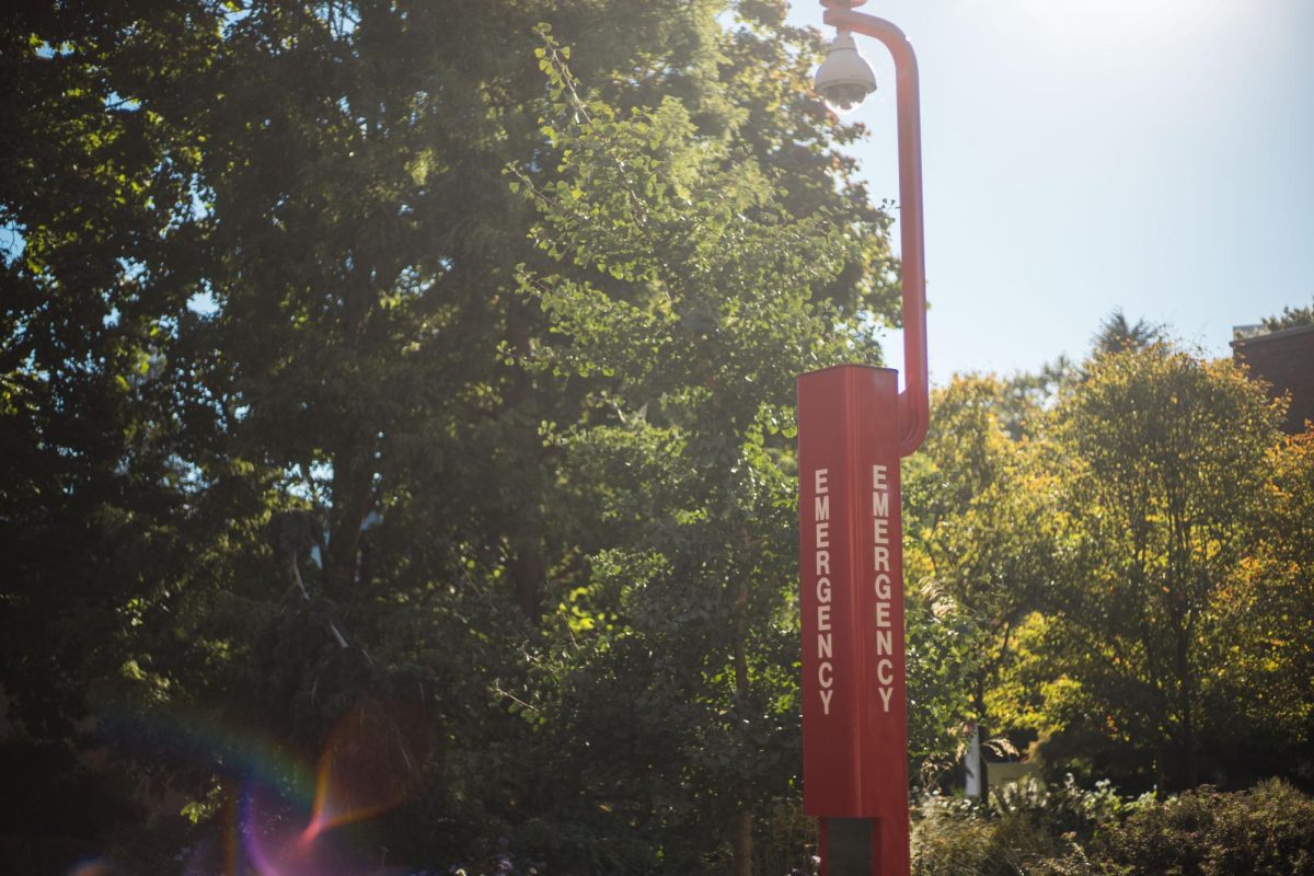 An emergency blue light phone on campus.